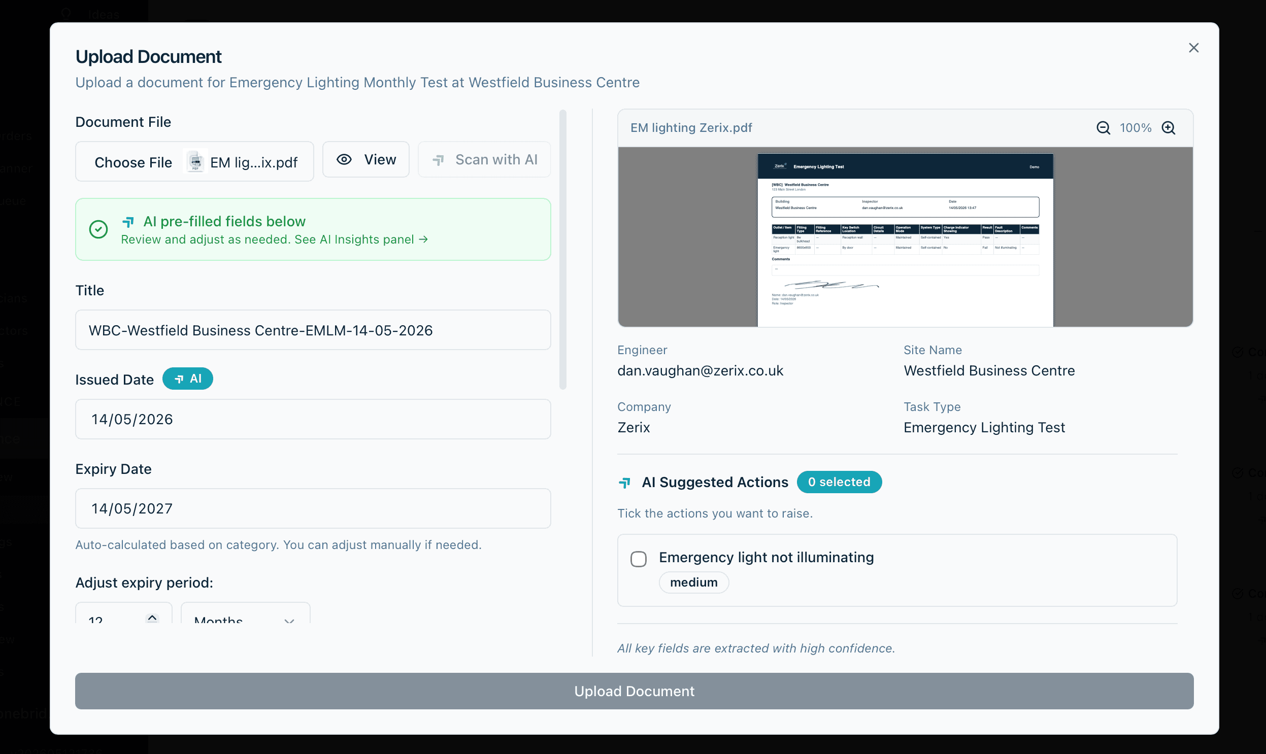 Zerix AI Assistant parsing an uploaded compliance document